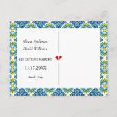 Mediterraan blauw en geel tegel citroen bruiloft aankondigingskaart (Achterkant)