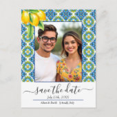 Mediterraan blauw en geel tegel citroen bruiloft aankondigingskaart (Voorkant)