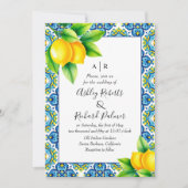 Mediterraan blauw en geel tegel citroen bruiloft kaart (Voorkant)
