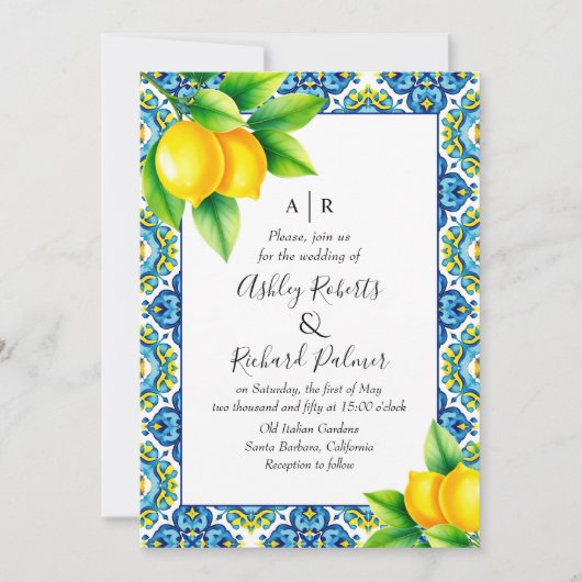 Mediterraan blauw en geel tegel citroen bruiloft kaart (Voorkant)