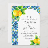 Mediterraan blauw en geel tegel citroen bruiloft kaart (Voorkant)