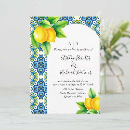 Mediterraan blauw en geel tegel citroen bruiloft kaart (Staand voorkant)
