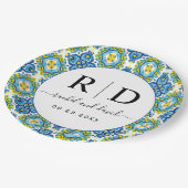 Mediterraan blauw en geel tegels bruiloft papieren bordje (Gekanteld)