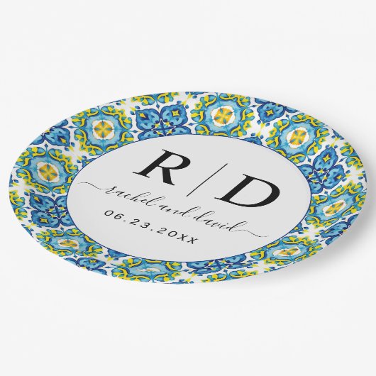 Mediterraan blauw en geel tegels bruiloft papieren bordje (Gekanteld)