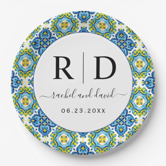Mediterraan blauw en geel tegels bruiloft papieren bordje (Voorkant)