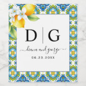 Mediterraan blauw en geel tegels, citroen bruiloft wijn etiket (Enkel label)