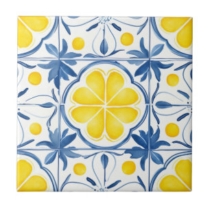 Mediterraan Blauw en Geel Waterverf Patroon Tegeltje