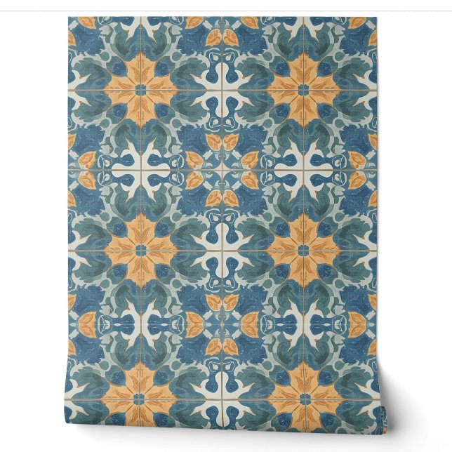 Mediterraan Blauw en Goud Patroon Behang (Afrollen)