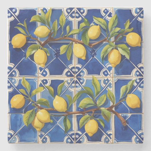Mediterraan blauw en traditionele citroenen stenen onderzetter (Voorkant)