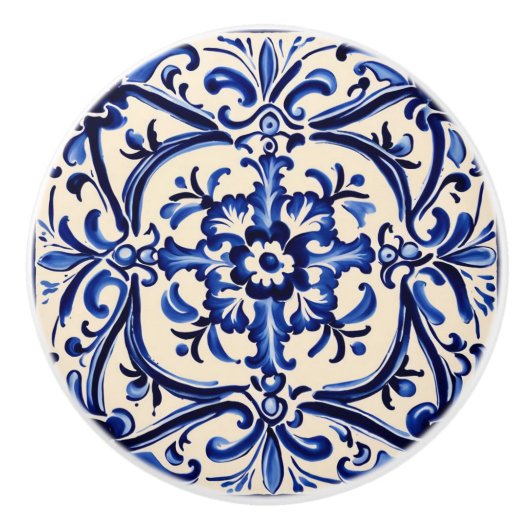 Mediterraan Blauw en Wit Abstract Folk Art Keramische Knop (Voorkant)