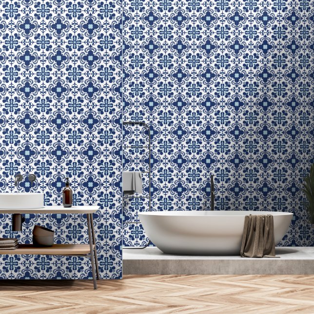 Mediterraan Blauw en Wit Bloemen Tegel Patroon Behang (Badkamer)