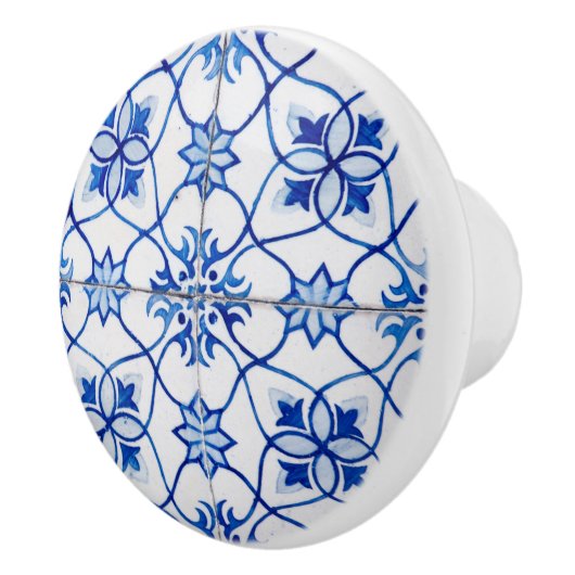 Mediterraan blauw en wit Retro Tegel Look Keramische Knop (Rechts)