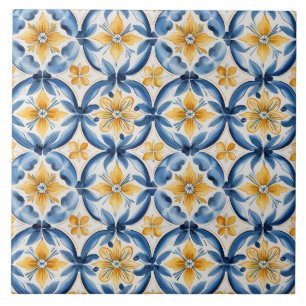 Mediterraan Blauw & Geel Bloemmotief Tegeltje