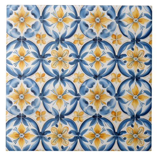 Mediterraan Blauw & Geel Bloemmotief Tegeltje (Voorkant)