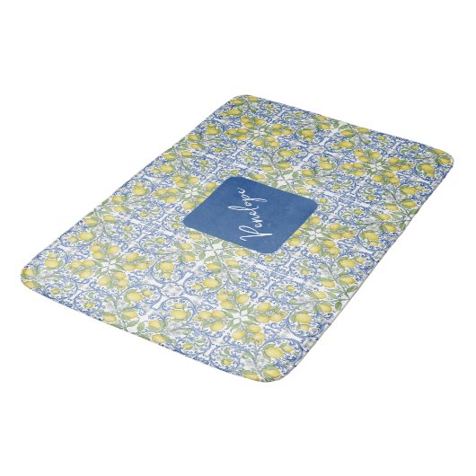 Mediterraan Blauw & Geel Citroen Tegelpatroon Badmat (Gekanteld)