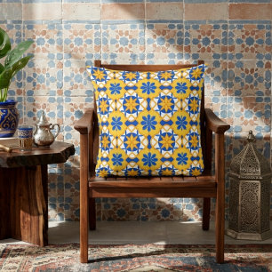 Mediterraan Blauw Geel Marokkaans Tegelpatroon Kussen