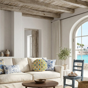 Mediterraan Blauw Geel Marokkaans Tegelpatroon Rond Kussen