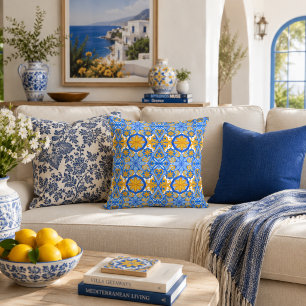 Mediterraan Blauw Geel Portugees Patroon Kussen