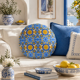Mediterraan Blauw Geel Portugees Patroon Rond Kussen