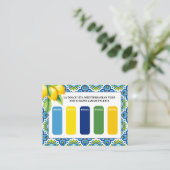 Mediterraan blauw, geel trouwkleur palet informatiekaartje (Staand voorkant)