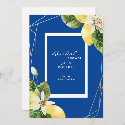 Mediterraan Blauw & Gele Citroenen Bruidsdiner Kaart (Voorkant / Achterkant)