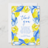 Mediterraan Blauw Gele Citroenen Bruidsmeisjesfees Bedankkaart (Voorkant)