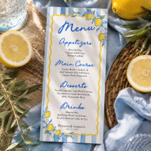 Mediterraan blauw gestreept citroen trouwmenu