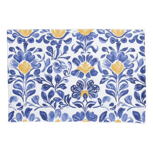 Mediterraan Blauw & Goud Bloempatroon Kussensloop (Voorkant-Links)