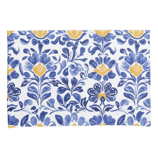 Mediterraan Blauw & Goud Bloempatroon Kussensloop (Voorkant-Rechts)