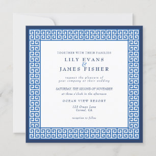 Mediterraan Blauw Grieks Sleutel Cursief Bruiloft Kaart