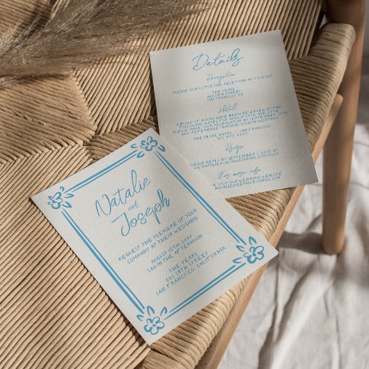 Mediterraan Blauw Hand getekend in één bruiloft Kaart