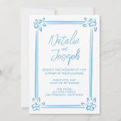 Mediterraan Blauw Hand getekend in één bruiloft Kaart (Voorkant)