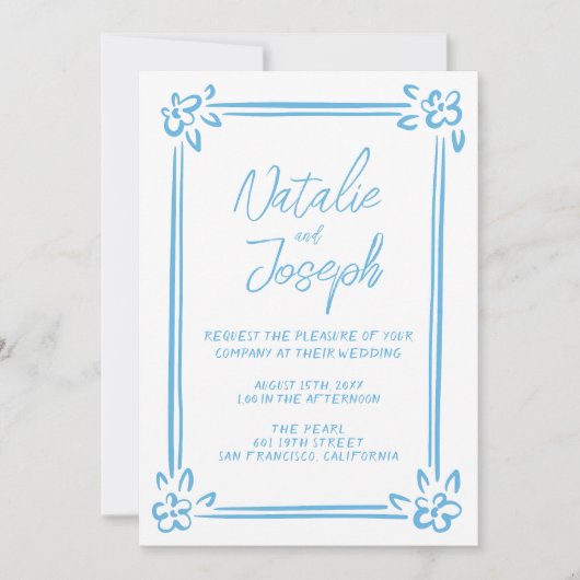 Mediterraan Blauw Hand getekend in één bruiloft Kaart (Voorkant)