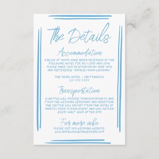Mediterraan Blauw Hand Getrokken bruiloft Details Informatiekaartje (Voorkant)