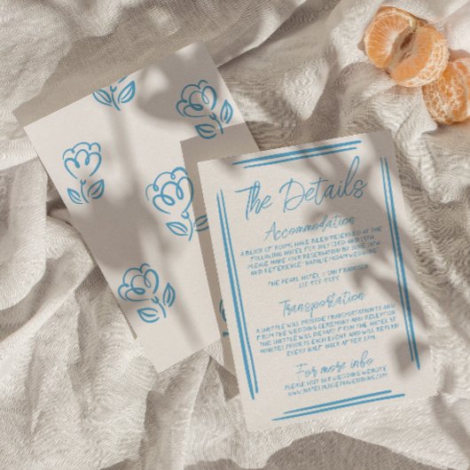 Mediterraan Blauw Hand Getrokken bruiloft Details Informatiekaartje