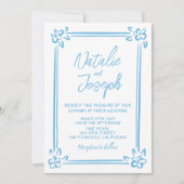 Mediterraan Blauw Handgeschreven Foto Trouwen Kaart (Voorkant)