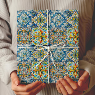 Mediterraan Blauw Italiaans Tegel Citrus Bloemmoti Cadeaupapier