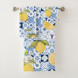 Mediterraan Blauw Majolica en Citroen  Bad Handdoek