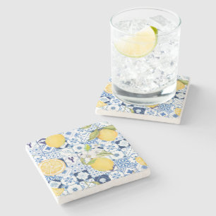 Mediterraan Blauw Majolica en Citroen Stenen Onderzetter