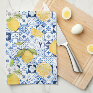 Mediterraan Blauw Majolica en Citroen  Theedoek