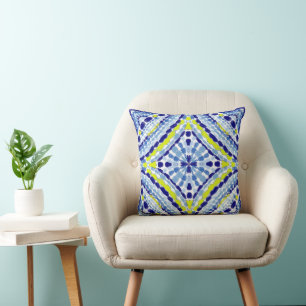 Mediterraan Blauw Neon Mozaïek-handgeschilderd Kussen