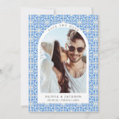 Mediterraan blauw Tegel boog foto bruiloft Save The Date (Voorkant)