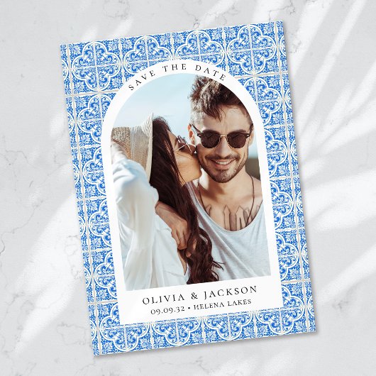 Mediterraan blauw Tegel boog foto bruiloft Save The Date