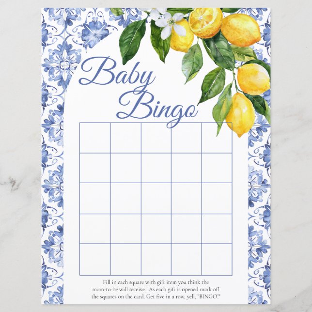 Mediterraan Blauw Tegel Citroen Baby shower Bingo (Voorkant)