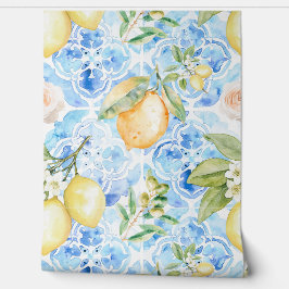 Mediterraan Blauw Tegel Geel Citroen Aquarel Behang