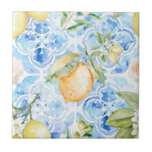Mediterraan Blauw Tegel Geel Citroen Aquarel