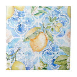Mediterraan Blauw Tegel Geel Citroen Aquarel Tegeltje