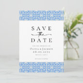 Mediterraan Blauw Tegel Script Foto bruiloft Save The Date (Staand voorkant)