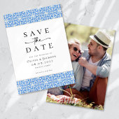 Mediterraan Blauw Tegel Script Foto bruiloft Save The Date