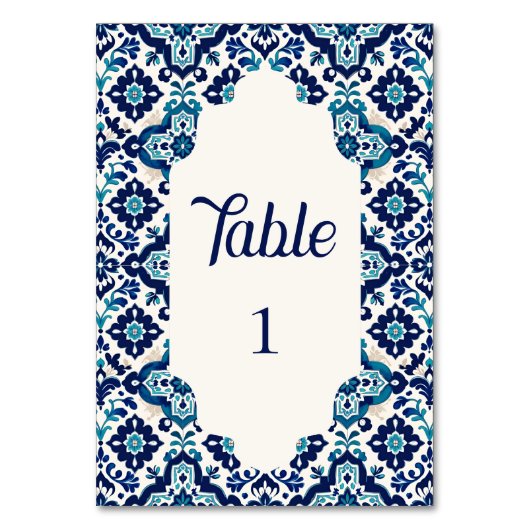 Mediterraan Blauw Tegel Trouwtafel Kaarten (Achterkant)
